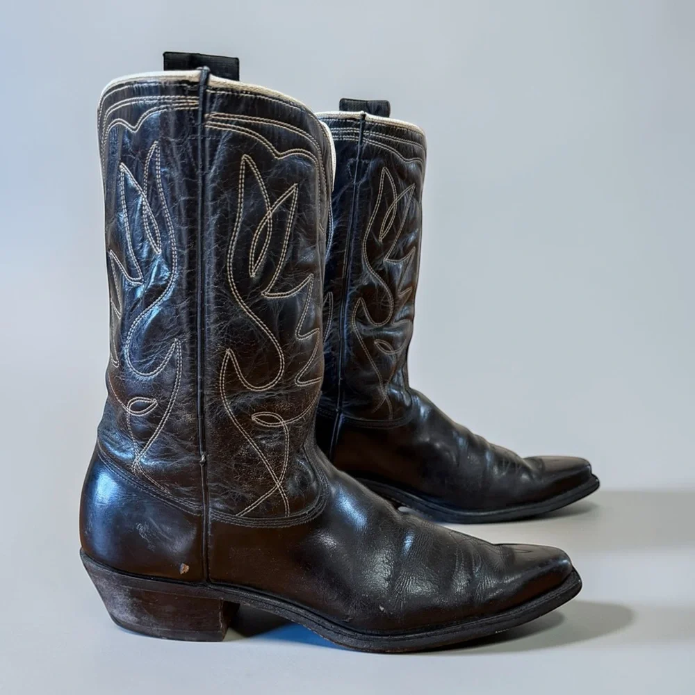 1960s • Acme Classic Western • Men’s 12 B • Vintage Cowboy Boots Cloth Pulls - Picture 4 of 8